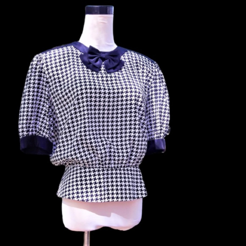VINTAGE 60s Houndstooth Blouse with Bow